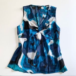 Ann Taylor Twist V-Neck Sleeveless Top, 8, Blue Watercolor Print